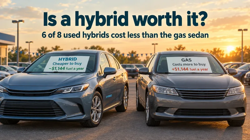 Illustration: a hybrid sedan and a gas sedan side by side on a used-car lot at sunset. Headline: Is a hybrid worth it? 6 of 8 used hybrids cost less than the gas sedan. The hybrid's windshield card reads: cheaper to buy, $1,144 less fuel a year. The gas car's card reads: costs more to buy, $1,144 more fuel a year.
