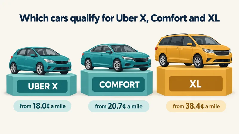 Illustration: three generic vehicles on platforms of rising height. A hatchback labelled Uber X, from 18.0 cents a mile; a sedan labelled Comfort, from 20.7 cents a mile; a minivan labelled XL, from 38.4 cents a mile. Headline: Which cars qualify for Uber X, Comfort and XL.